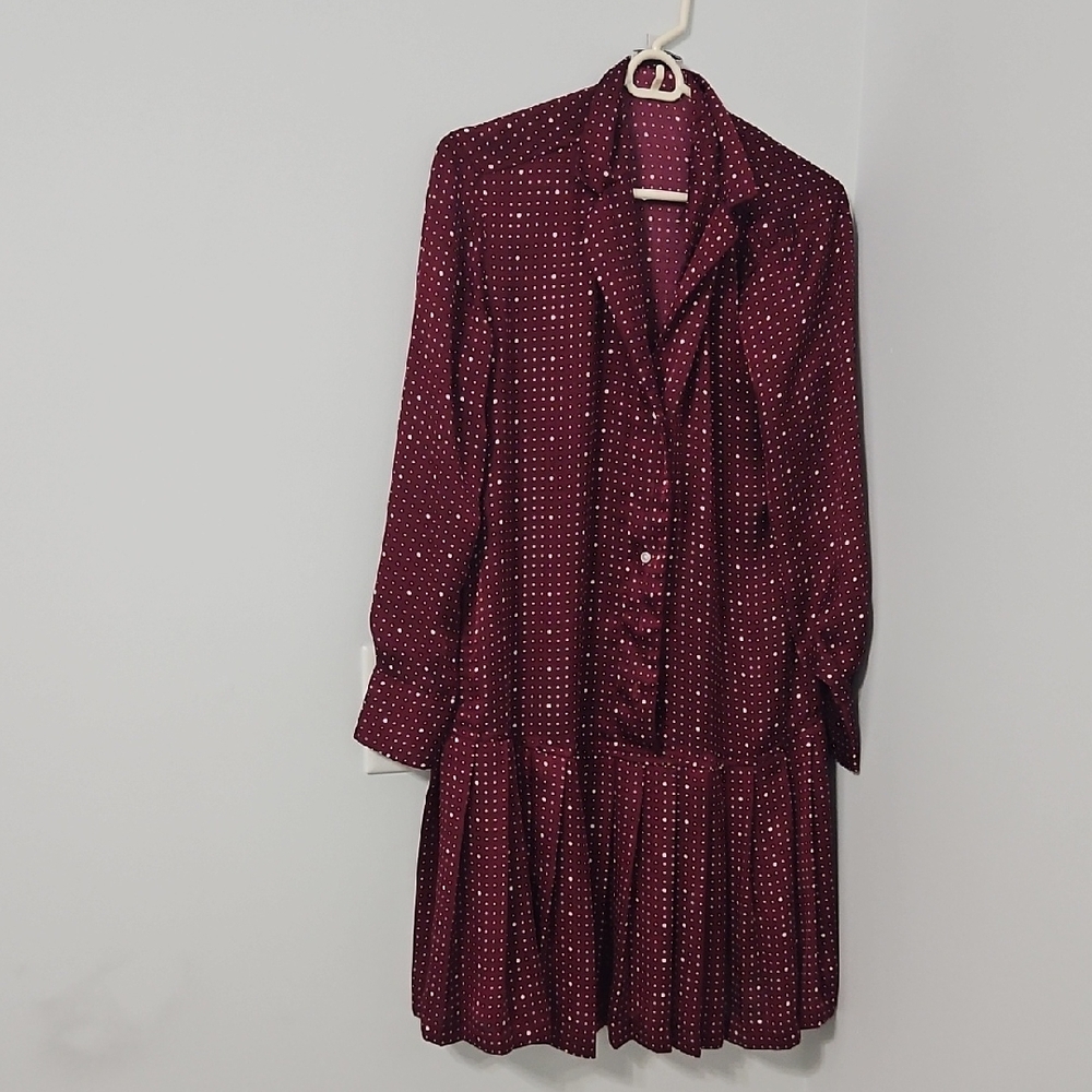 Red Pleated Long Sleeve Shirt Dress